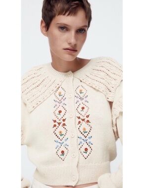 Zara Cream Embroidered Knit Cardigan Sweater